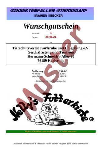 15,00€ Wunschgutschein für das Tierheim Karlsruhe