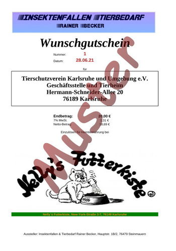 20,00€ Wunschgutschein für das Tierheim Karlsruhe